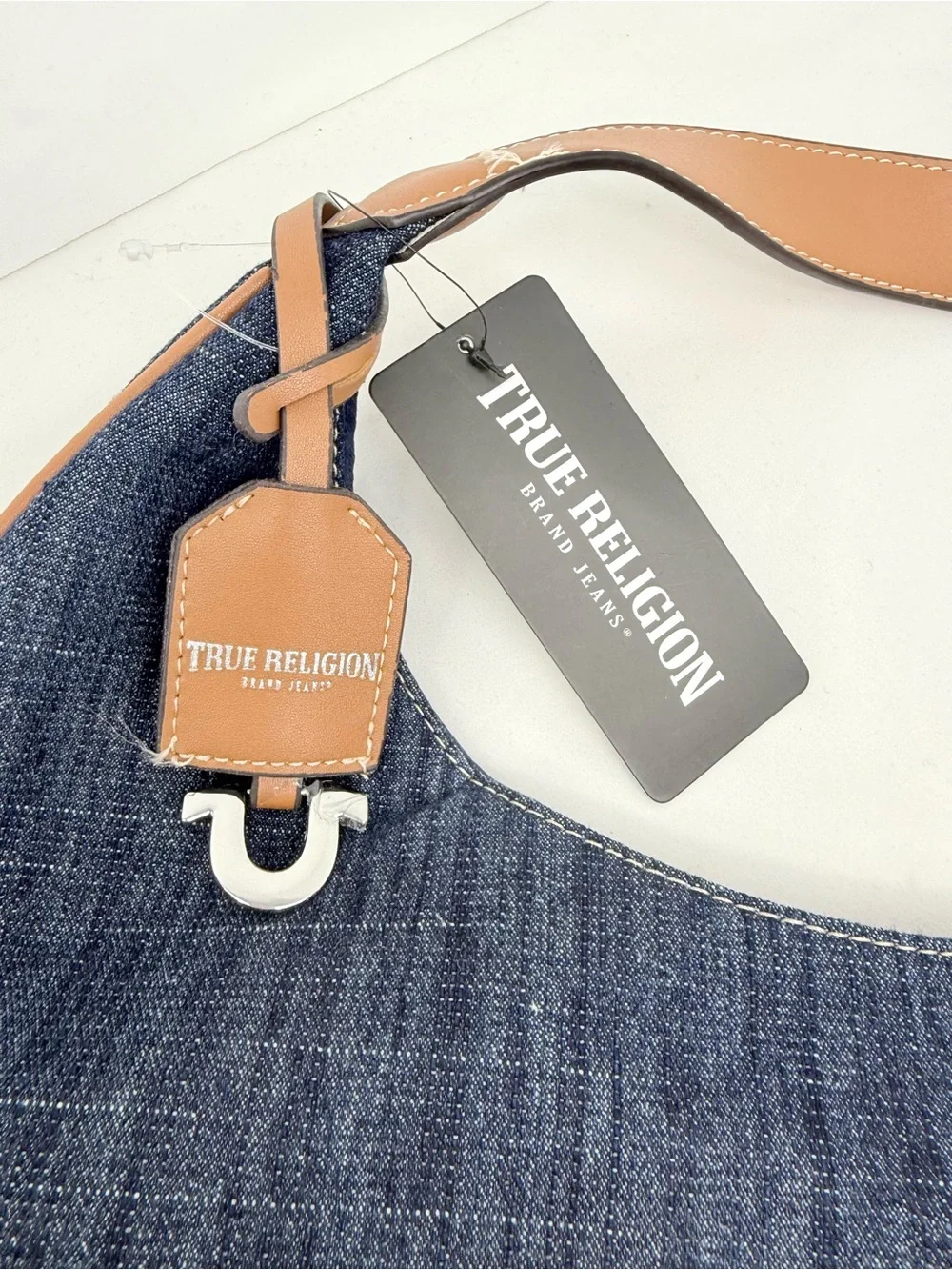 True Religion Blue White Patchwork Fade Denim Ticket Patch Hobo Shoulder Bag NEW